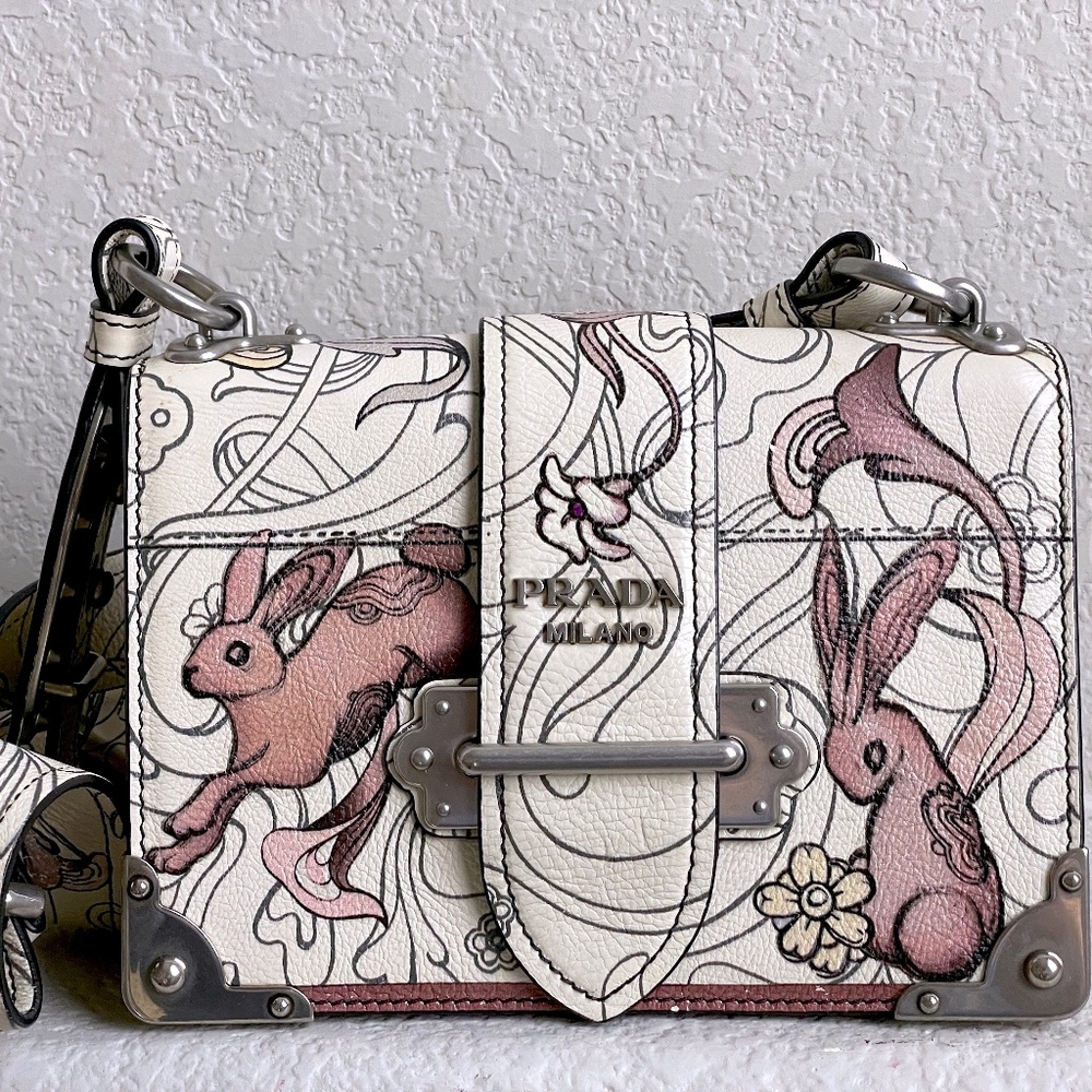PRADA Limited Edition Rabbit Print Glace Calfskin Leather Cahier Crossbody Bag